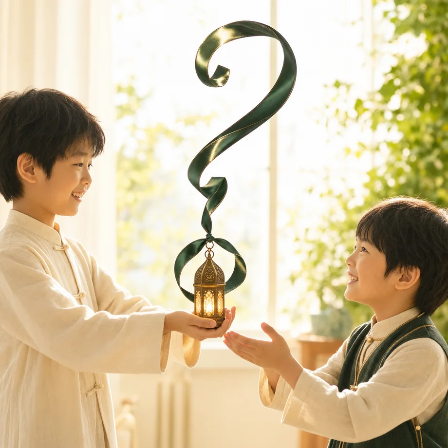 一个孩子把点亮的提灯递给另一个孩子，灯上系着卷成问号的绿丝带