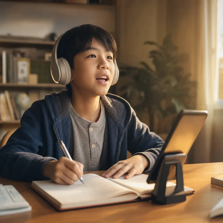 孩子戴耳机电话上课