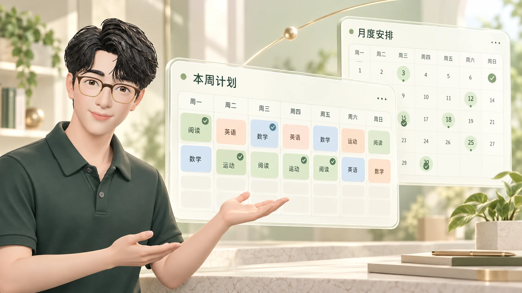 Leo 与时光机周计划、月度安排的合成展示图